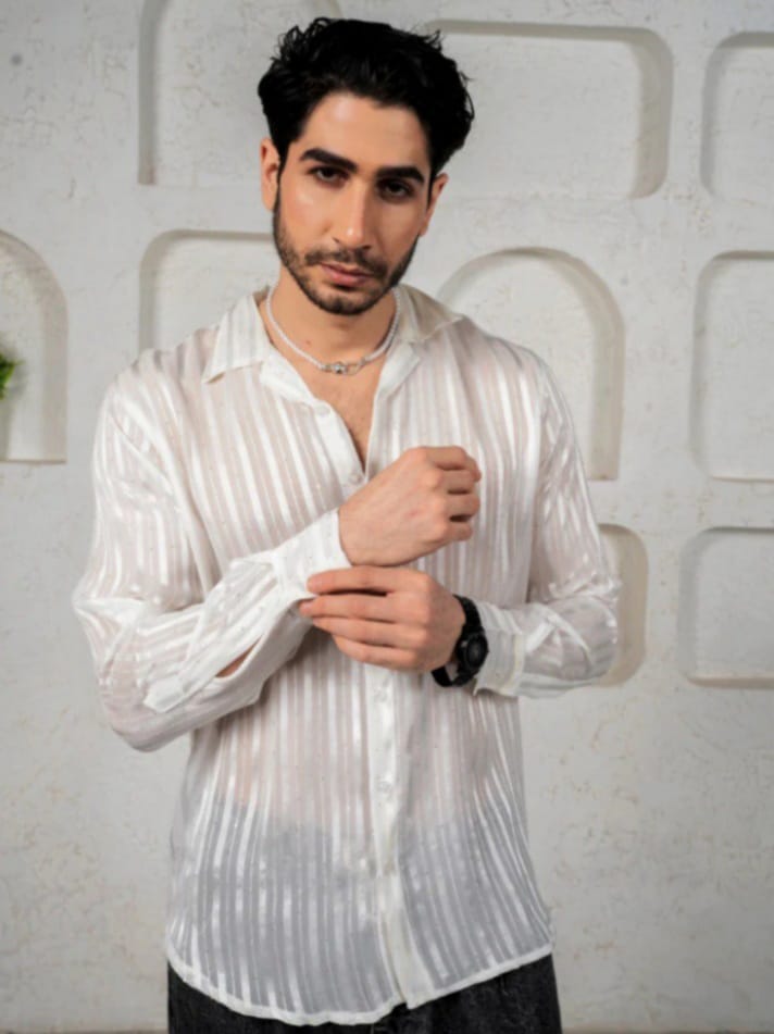 Streak Hawk Relaxed Spread Collar Semi Sheer Satin Striped Party Shirt